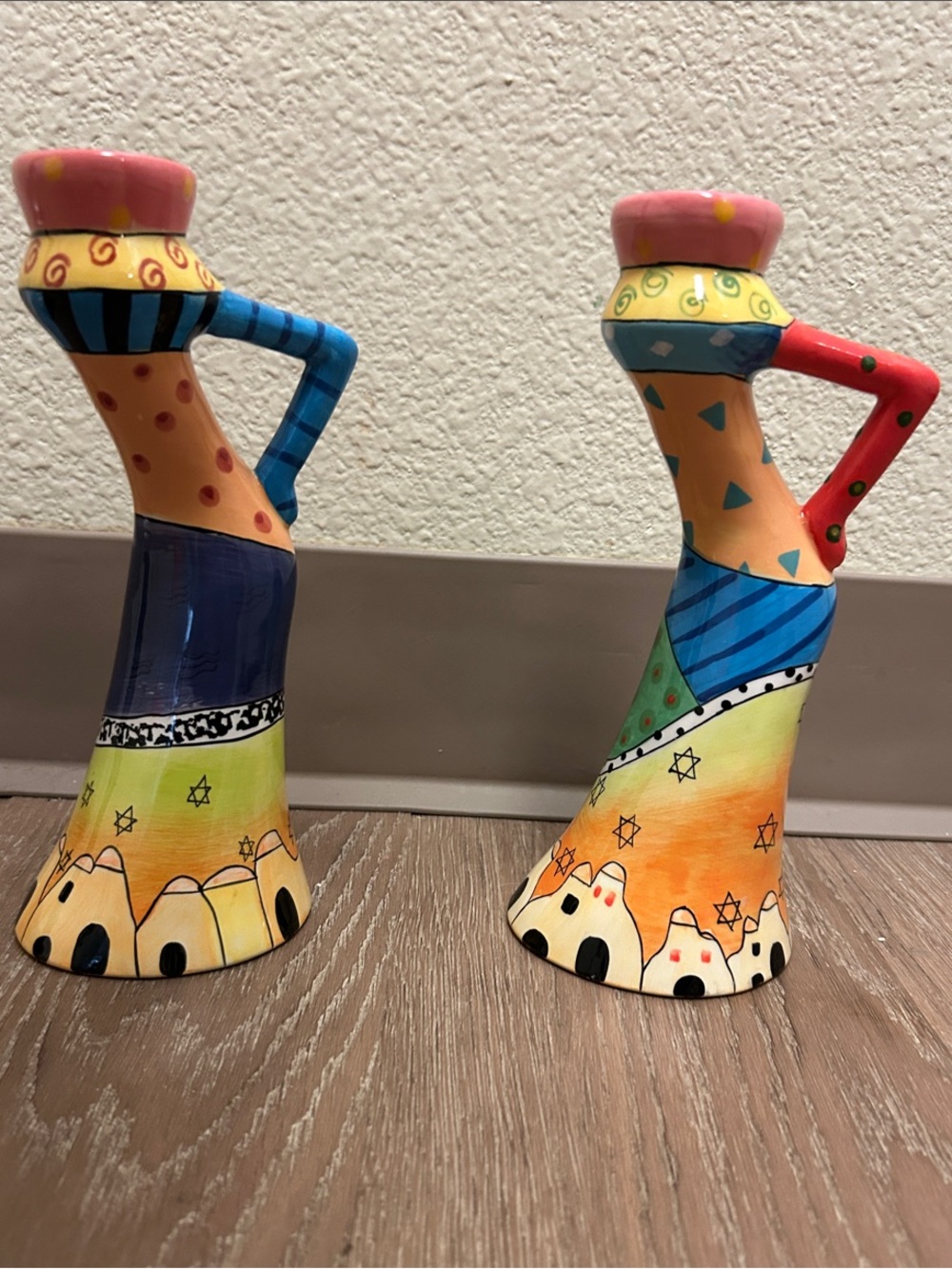 Colorful Shabbat Ceramic Candle Holders - Set of 2